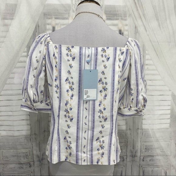 Antonio Melani Size 14 Square Neck Linen Floral Striped Blouse White Blue Boxy - Picture 8 of 9